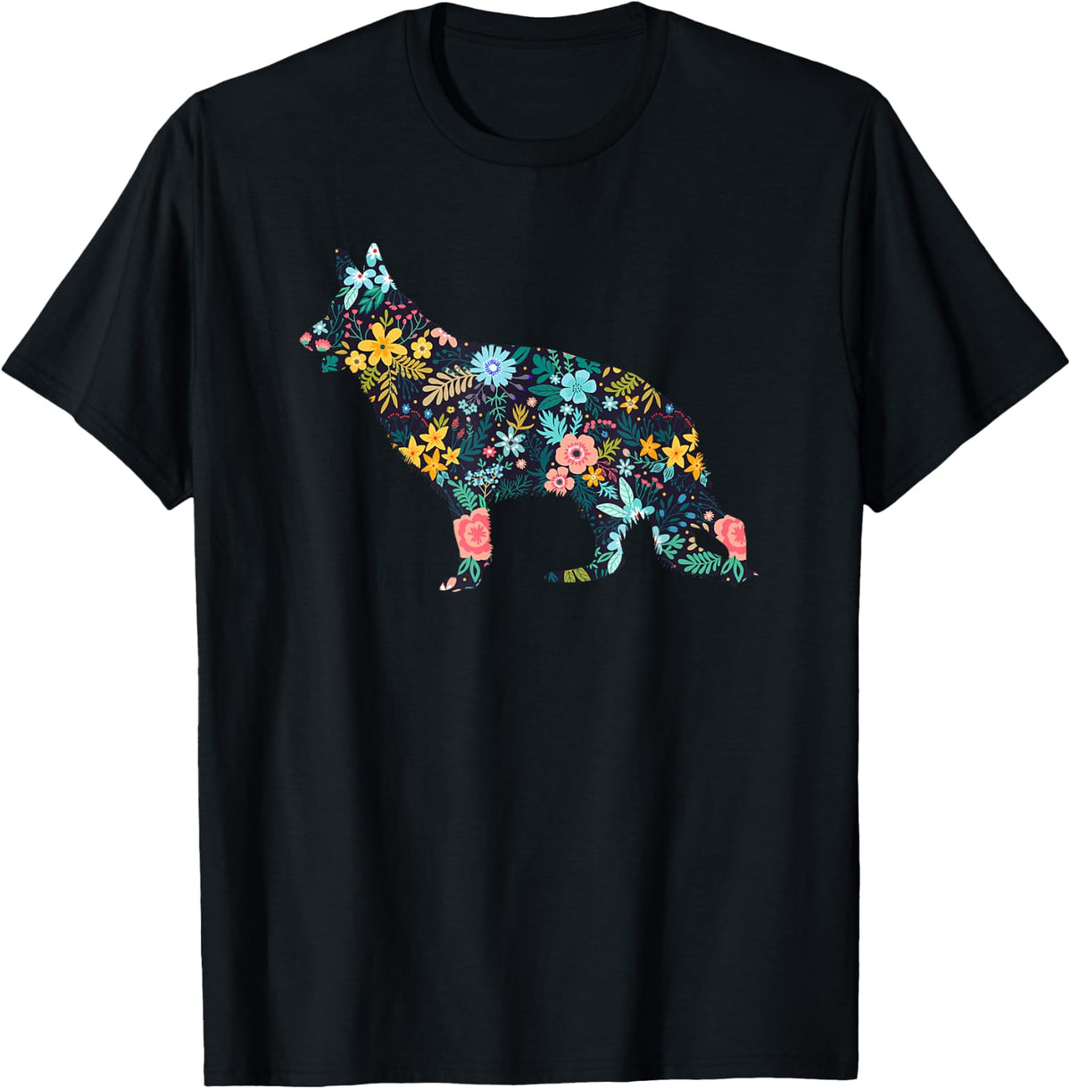 German Shepherd Floral Dog Silhouette Graphic T-Shirt