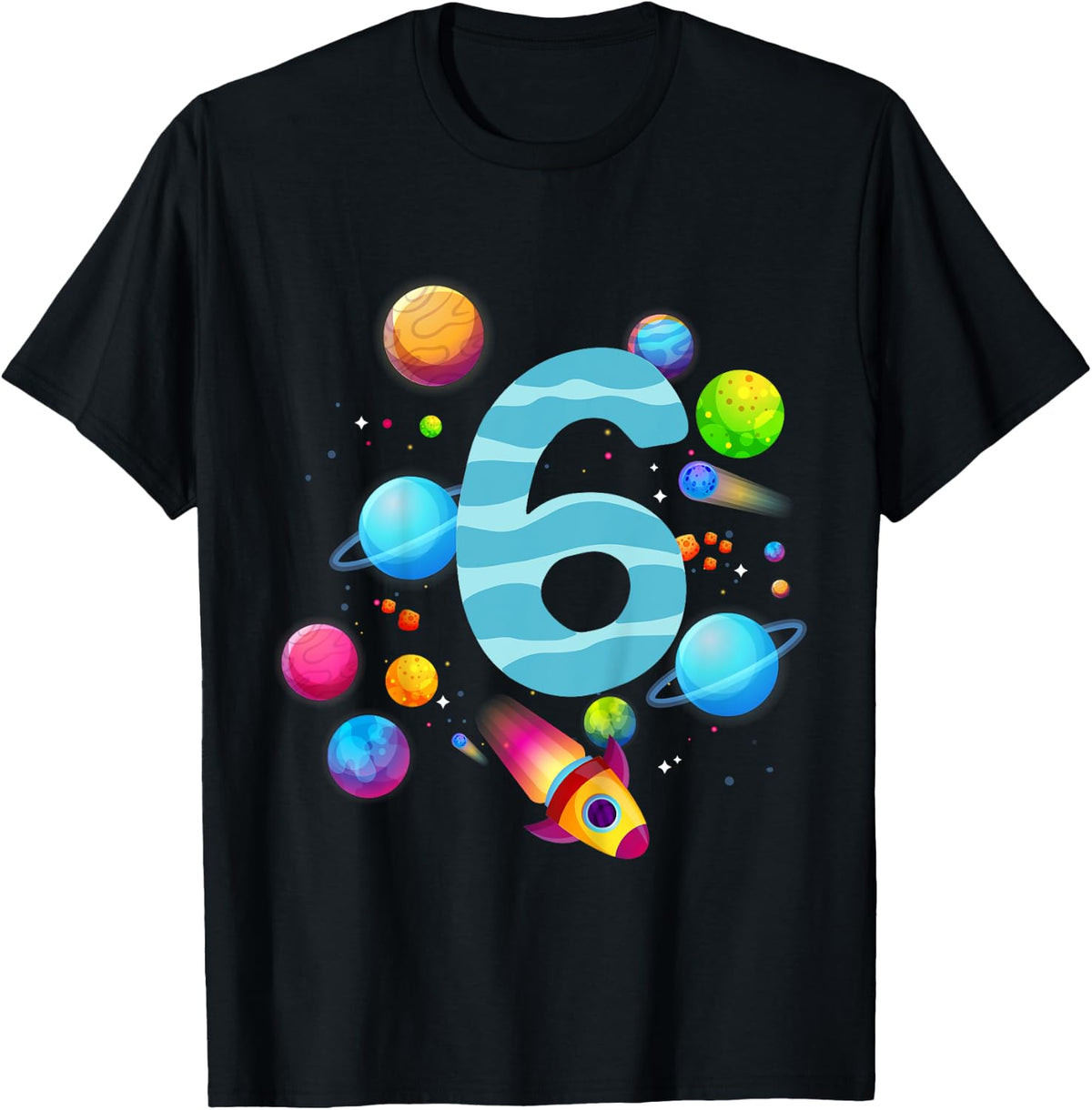 Kids 6th Birthday Boys 6 Years Planets Space Birthday , black T-Shirt