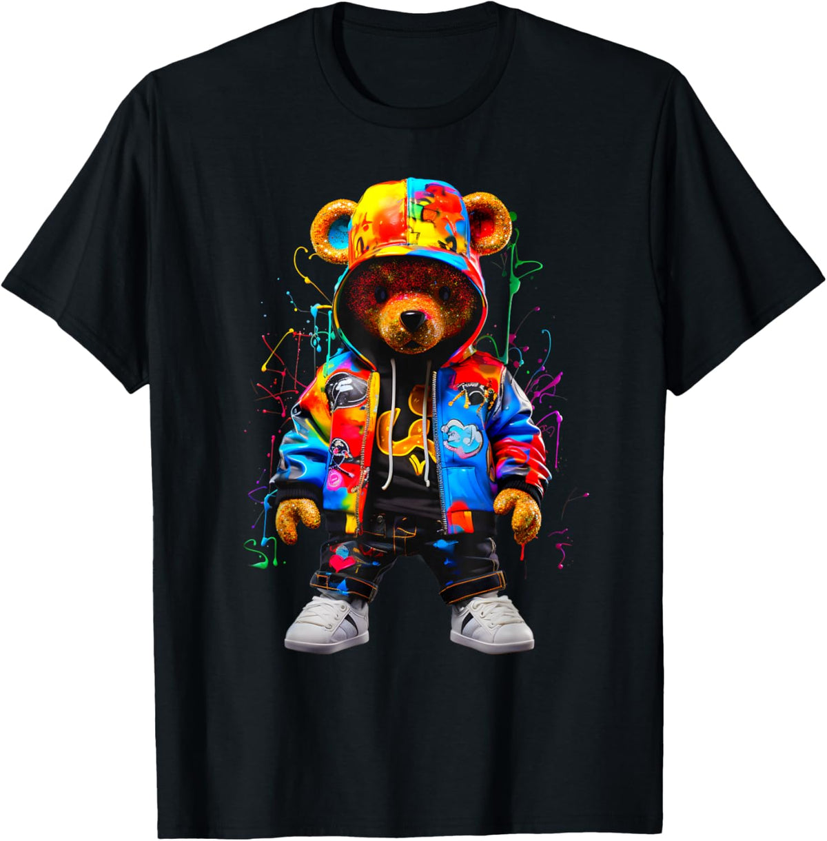 Hip-Hop Teddy Bear Hooded Colorful Hooded , black T-Shirt