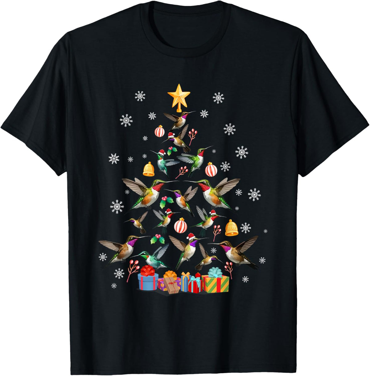 Funny Xmas Celebration Party Family Friends -Kids Teens Adults Hummingbird Christmas Tree Black T-Shirt
