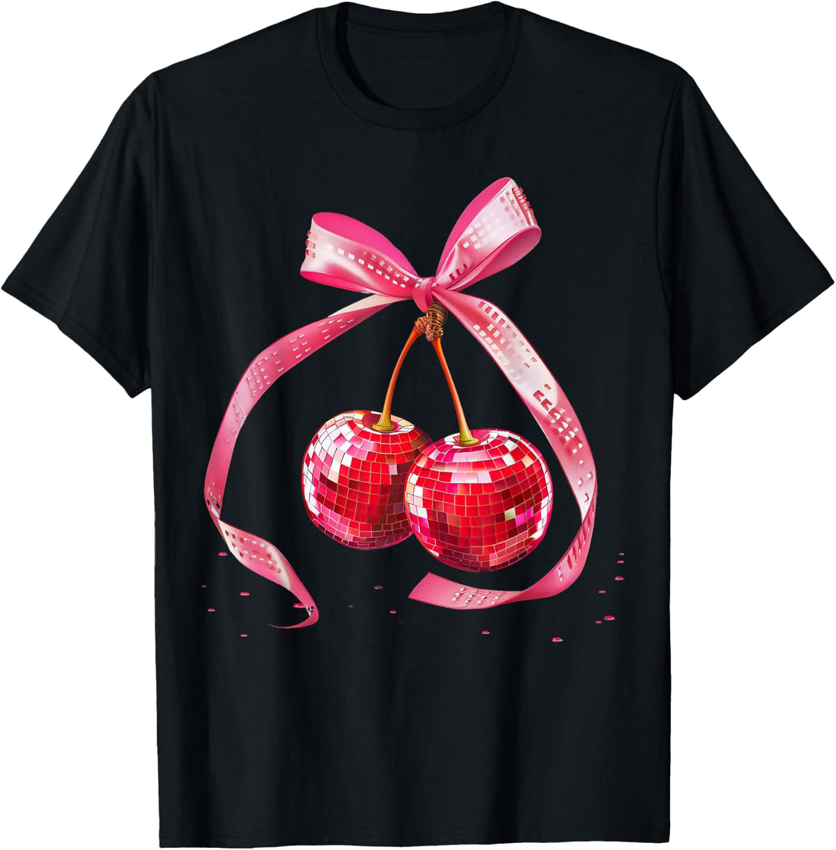Coquette Preppy Pink Bow Cherry Disco Ball Y2K Aesthetic , black, S T-Shirt