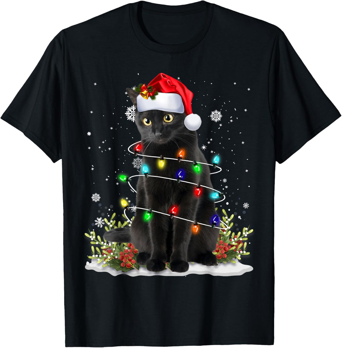 Black Cat Christmas Santa Hat Funny Meowy Cats Women Men T-Shirt