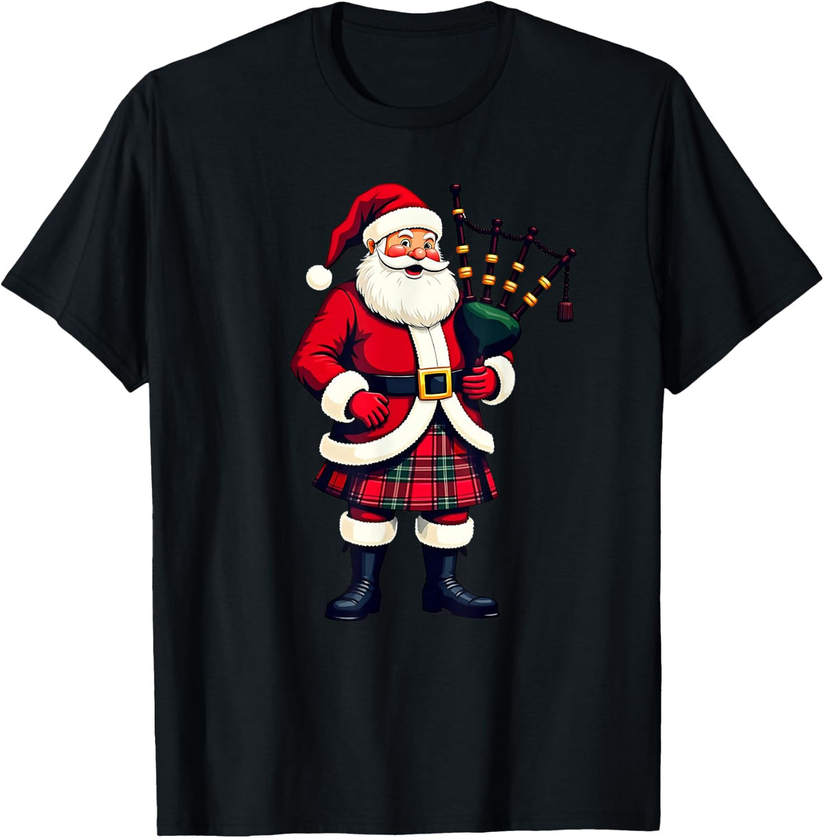 Scottish Santa Playing Bagpipe Christmas , Black, S T-Shirt