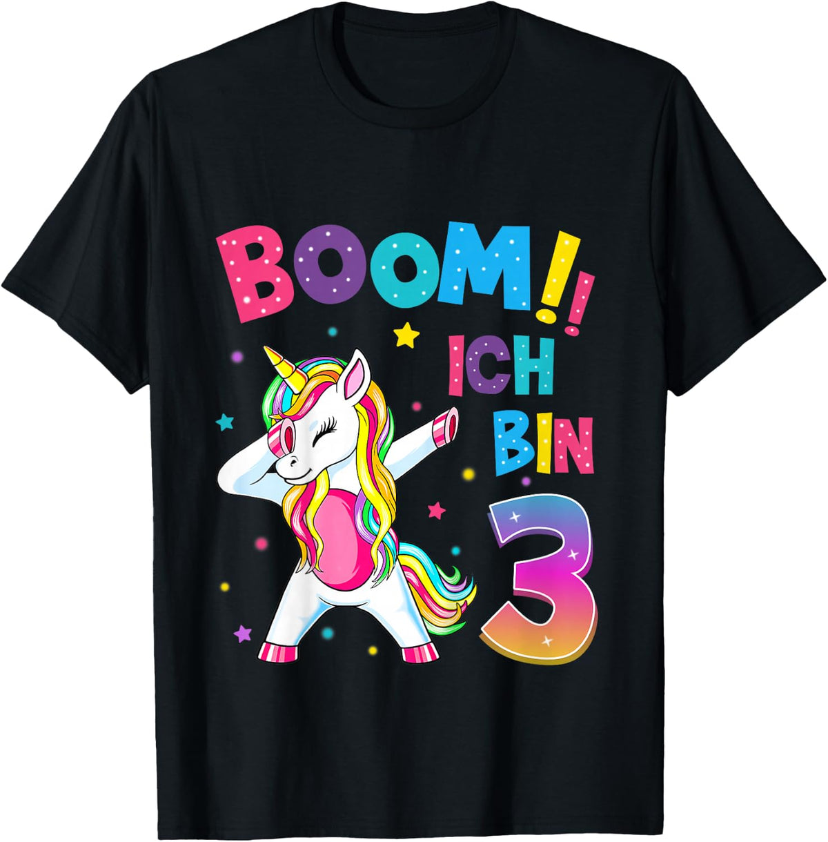 Children's 3 Birthday Girls 3 Years Dancing Funny Unicorn , black T-Shirt