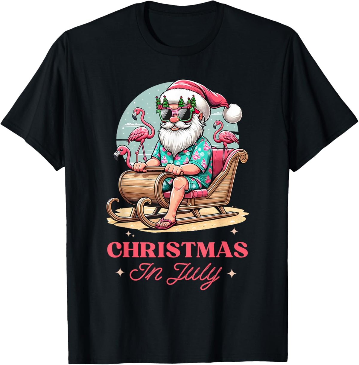 Fun Christmas in July Summer Santa Flamingo Sleigh Christmas , Black, S T-Shirt