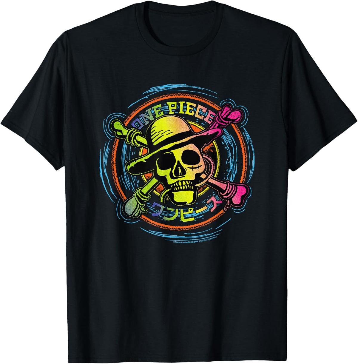 Straw Hat One Piece Anime Pirates Color Logo Kanji , Black, S T-Shirt