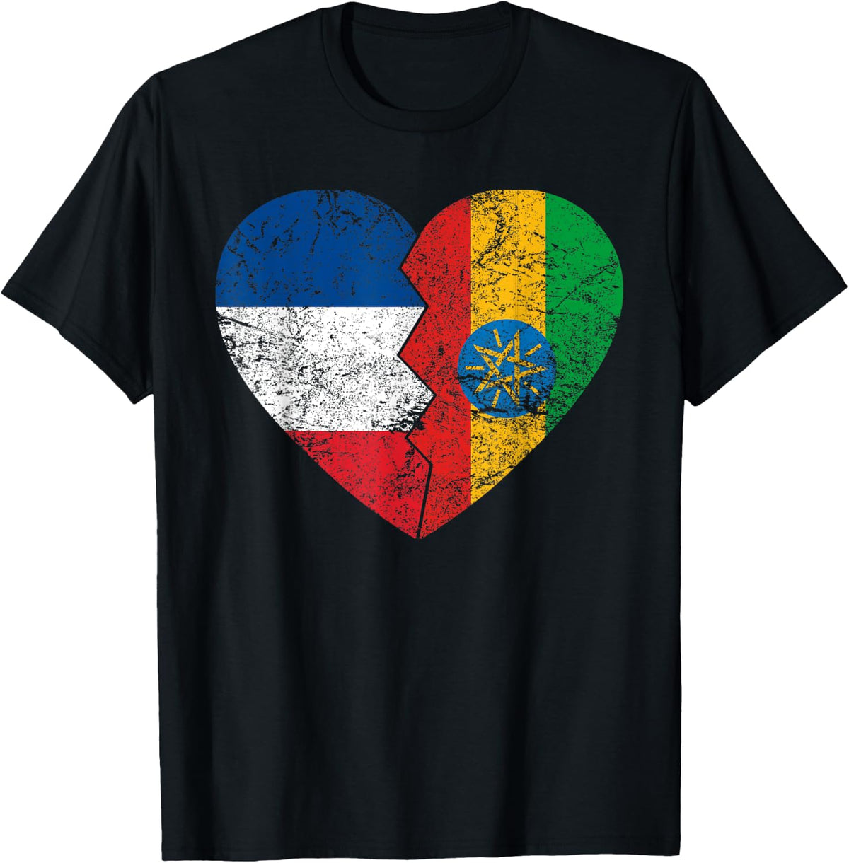 Ethiopian Flag Heart | France Ethiopia Roots Vintage , Black, S T-Shirt