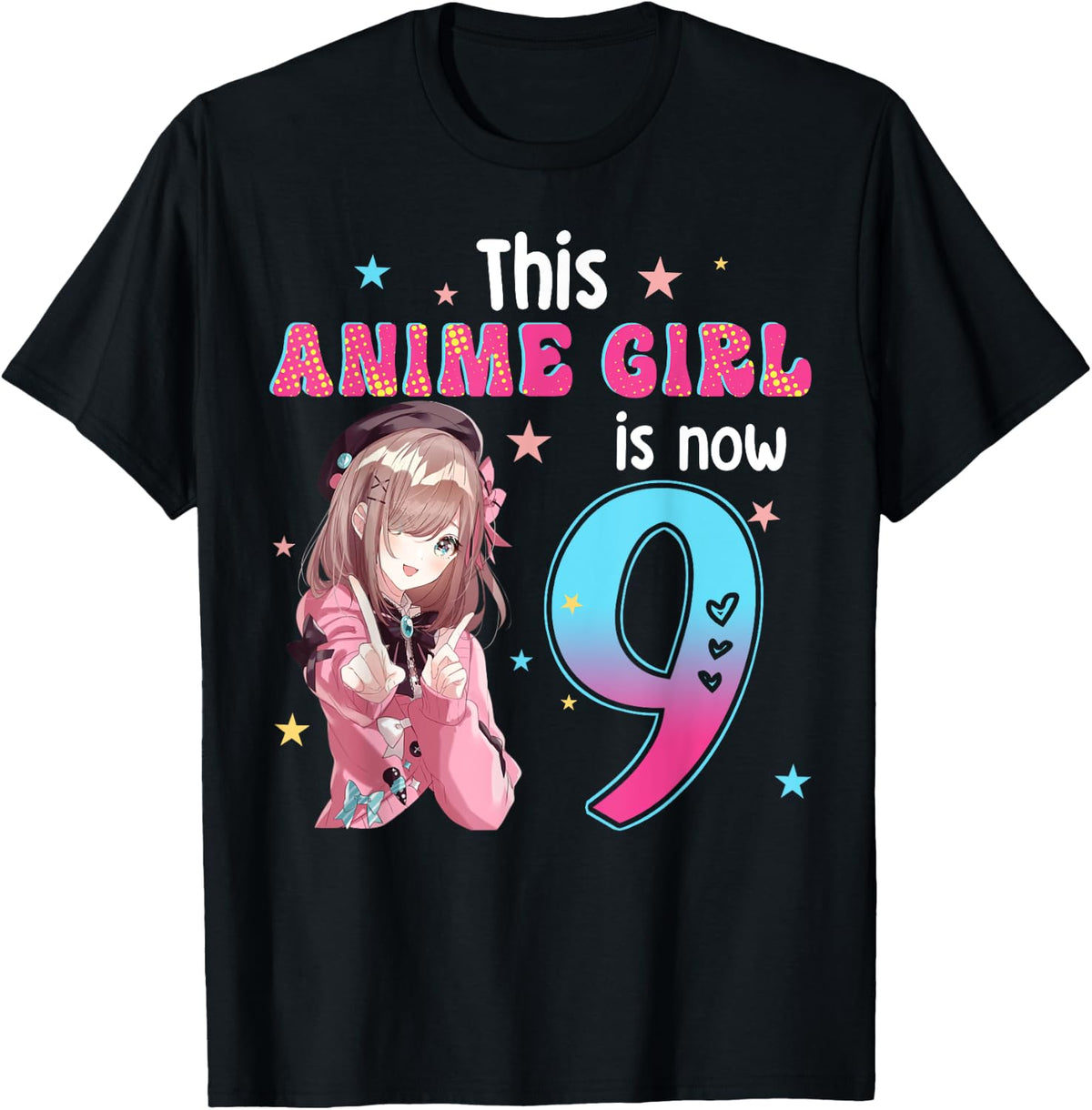 9 Years Old Girl Kawaii Gifts Anime Girl 9th Birthday Kids , black, s T-Shirt