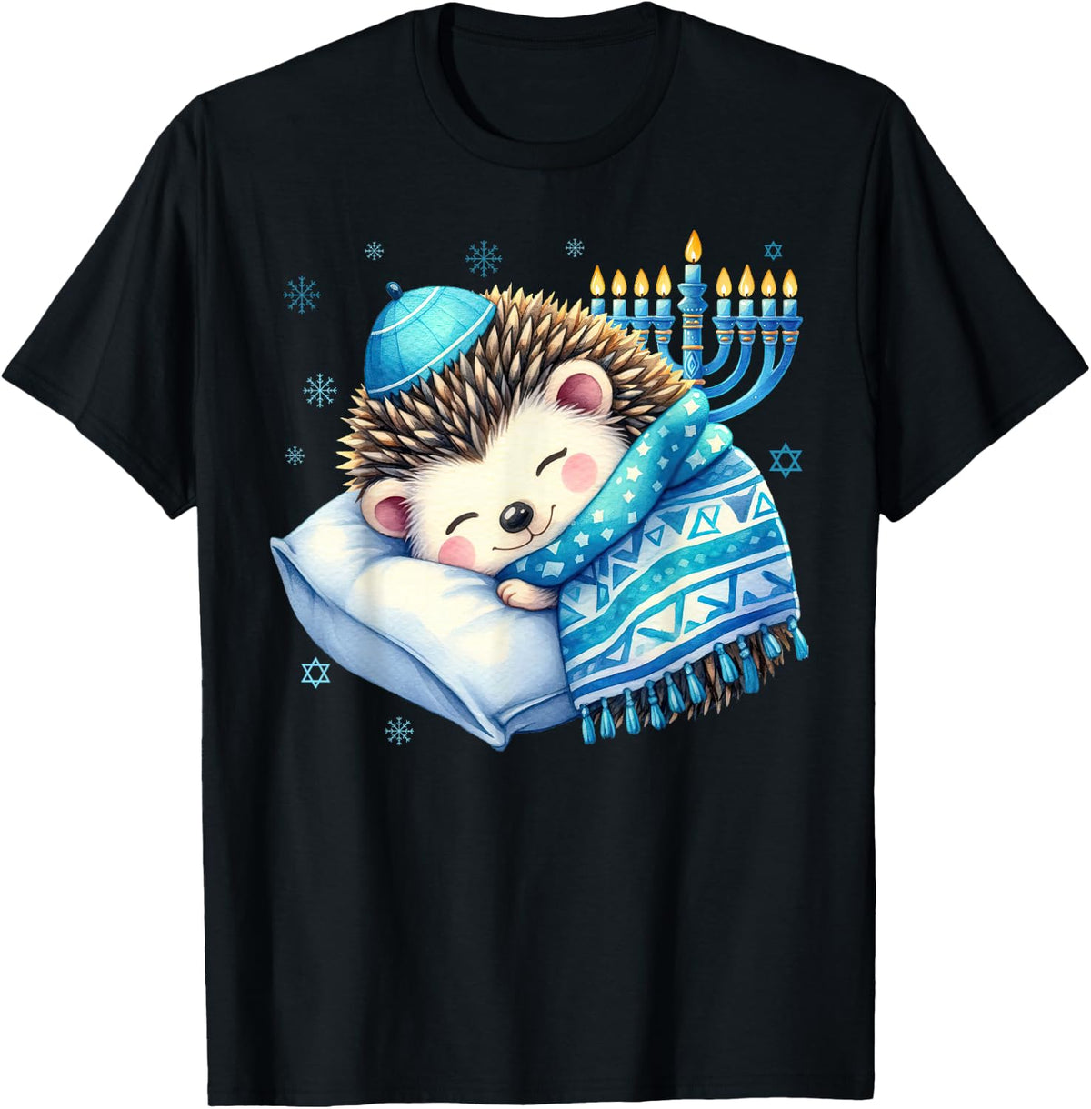 Pretty Sleepy Jewish Pyjamas Hedgehog Hanukkah , Black, S T-Shirt