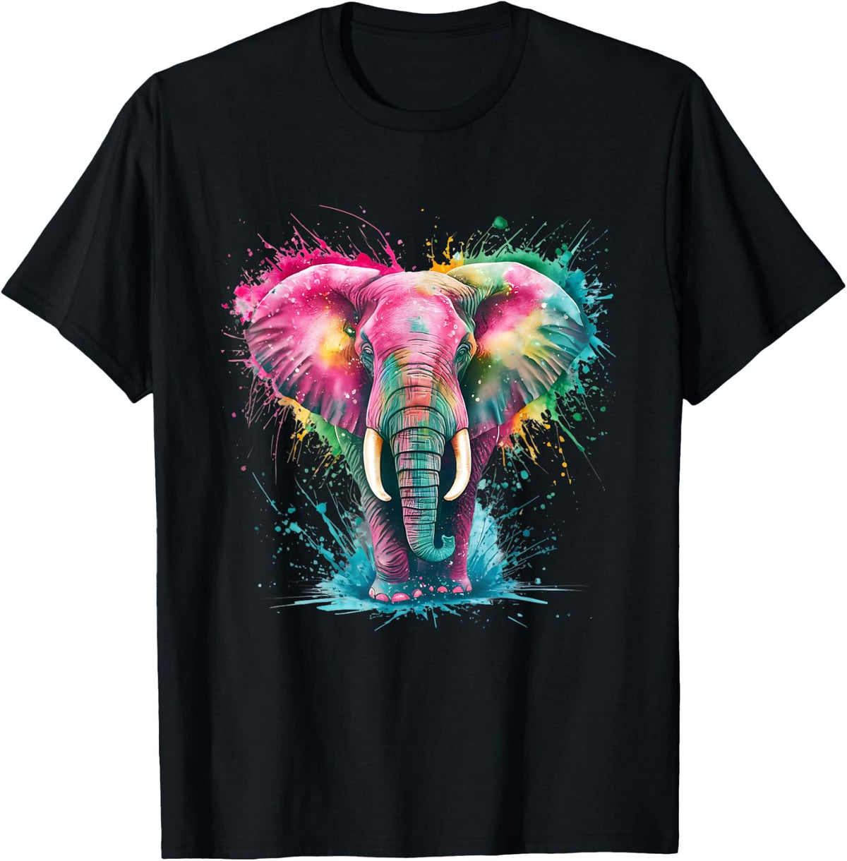 Elephant Men's Women's Colourful Watercolour Elephant , black T-Shirt