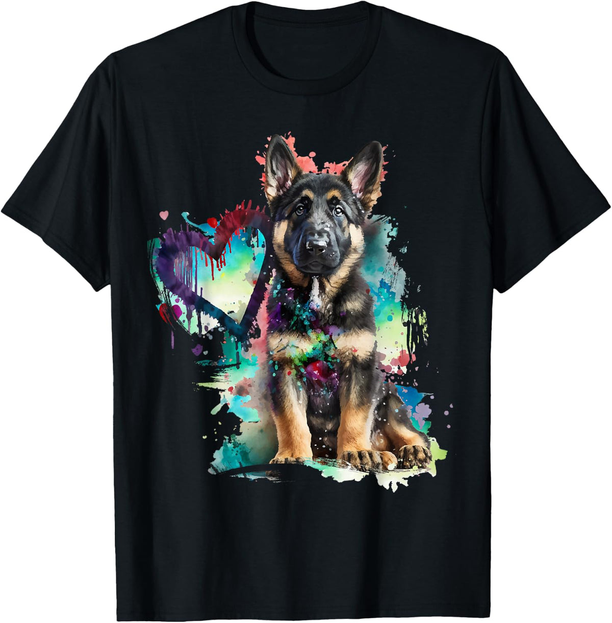 German Shepherd Puppy Mom Lover Watercolor Painting Heart T-Shirt