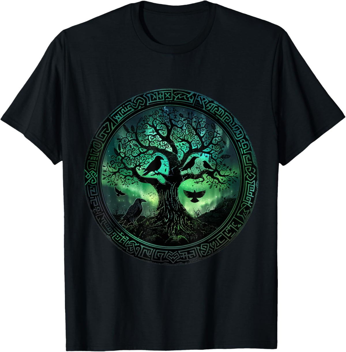 Hugin & Munin Ravens Odins Viking Tree of Life , black T-Shirt