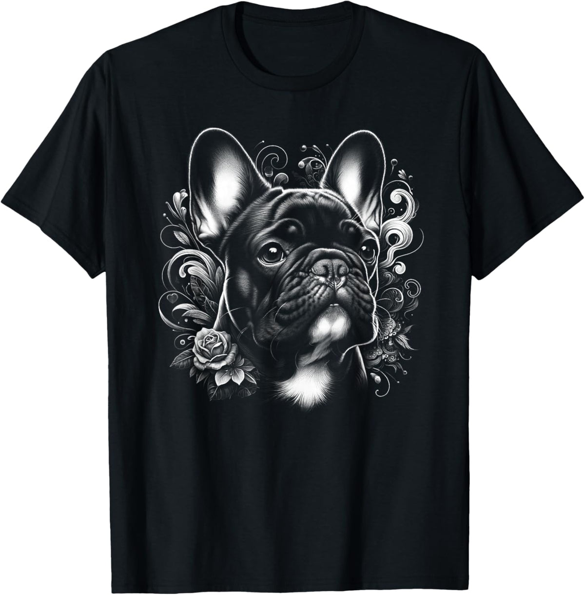 Cute French Bulldog with Flower Decoration , black T-Shirt