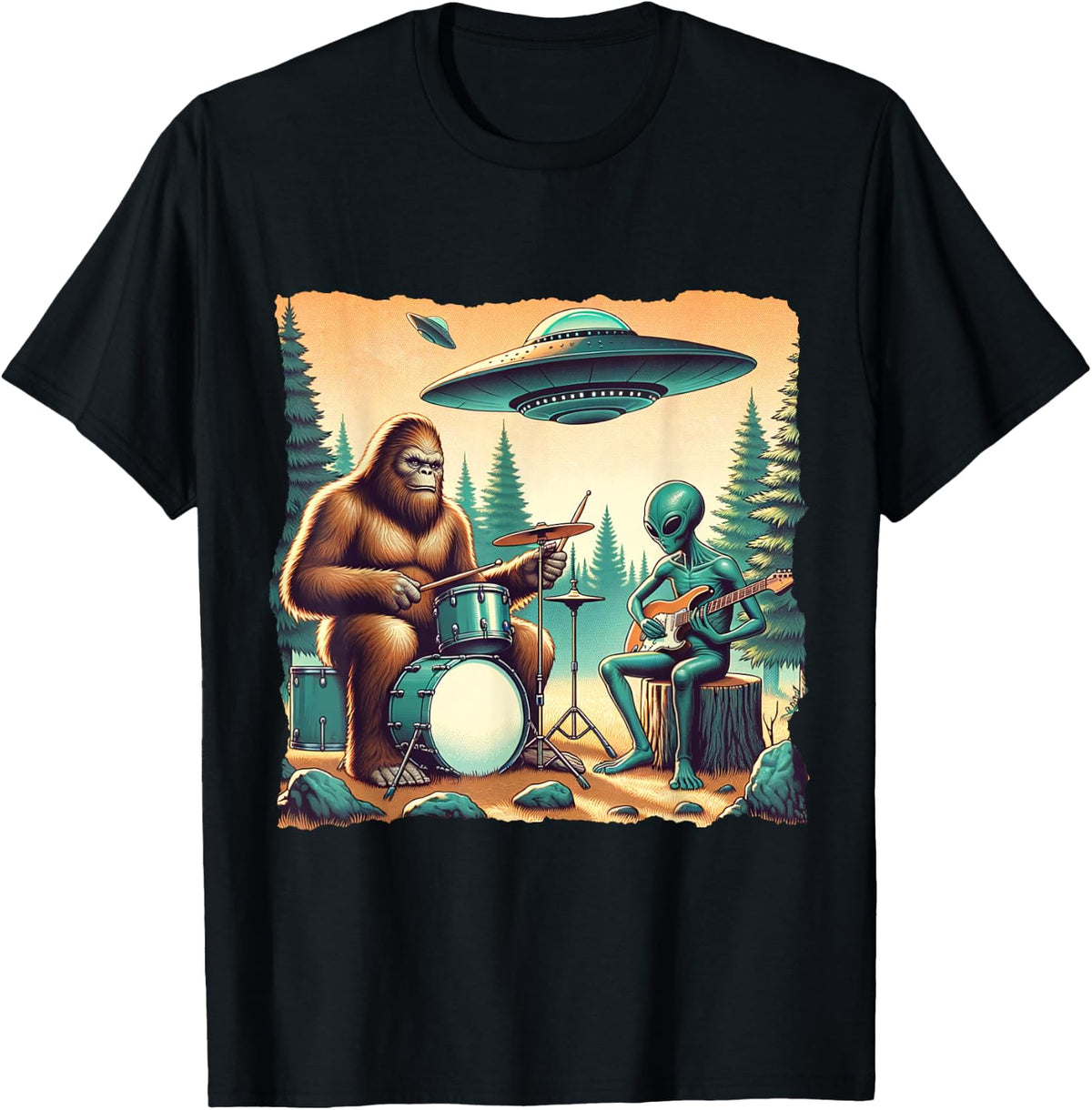 Funny UFO Alien and bigfoot lovers Bigfoot With Drums And Alien Playing Electric Guitar - -Adults, -Kids - Black - Small - Short Sleeve T-Shirt