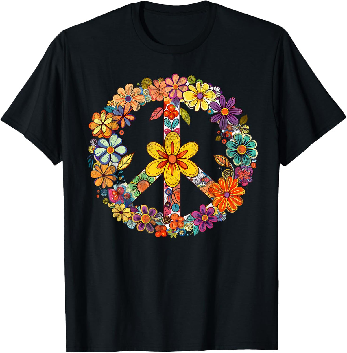 Groovy Tie Dye Peace Love Flowers Retro Hippie , black T-Shirt