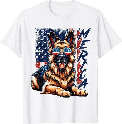 Merica German Shepherd USA Flag Sunglasses Patriotic Pets T-Shirt