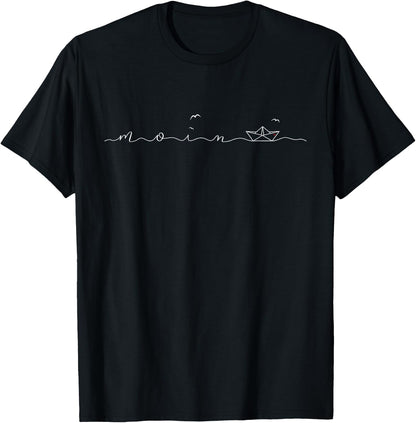 Moin Waves Coast Nordic Motif and Paper Boat Origami , black, s T-Shirt