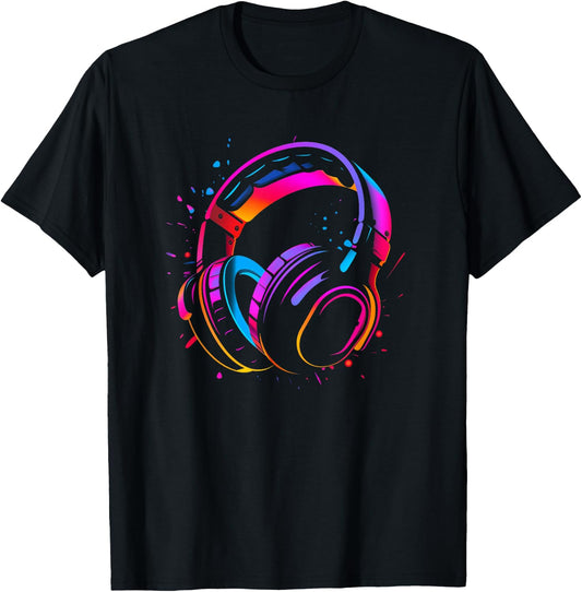 80s Style DJ Headphones Disc Jockey Nightclub , Black, S T-Shirt