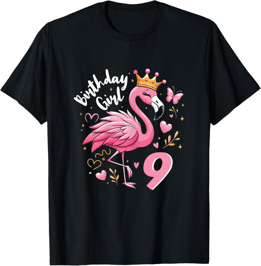 9th Birthday Cute Flamingo Girl 9 Years Old Cute , black T-Shirt