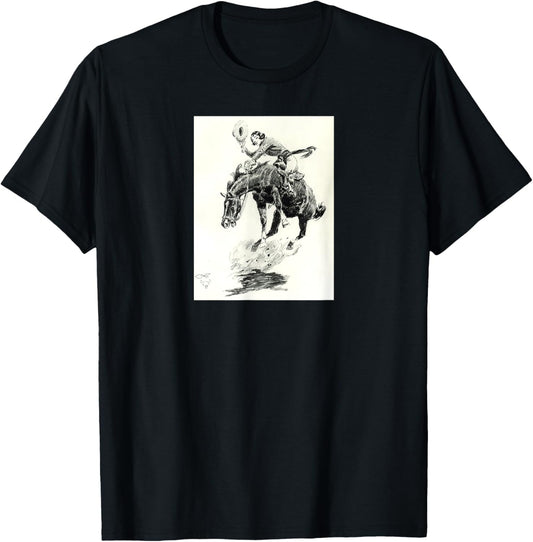 AmbiguiTee Art Western - Rodeo Cowgirl Riding Bucking Horse - Black - Small - Short Sleeve - Classic Fit - Cotton 65%, Polyester 35% T-Shirt
