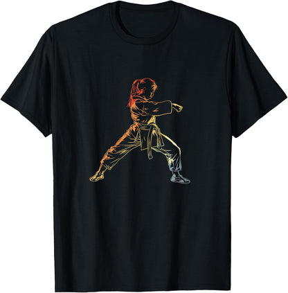 Karate Girl Line Art , Black T-Shirt
