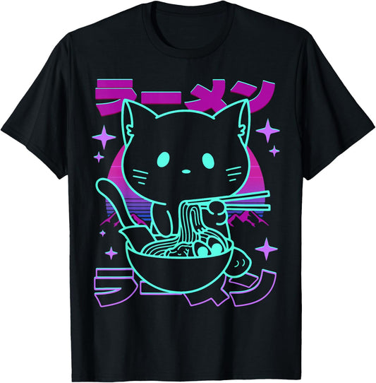 Anime Ramen Cat Retro Japanese Noodles Aesthetic Kawaii Cat , black T-Shirt