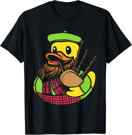 Bagpipe Duck Traditional Scots Rubber Ducky -Adult , Black, Small, Short Sleeve, Classic Fit, Halloween, Music, Cartoon, Unique Bagpipe Rubber Duck Pattern, Blended Fabric T-Shirt