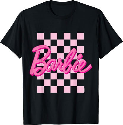Barbie - Barbie Logo Plaid Background , black T-Shirt