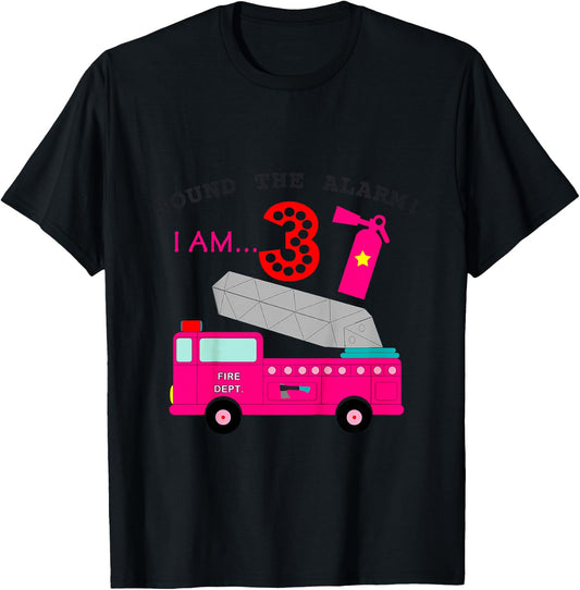 Birthday Girls 3 Pink Fire Truck Three Year Old Third Party T-Shirt