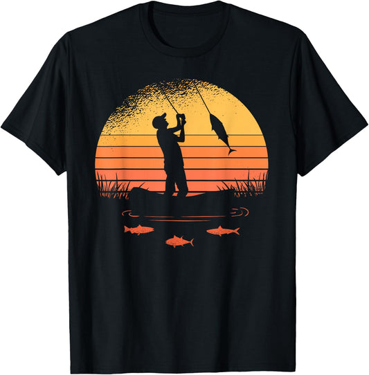 Angler with Sun and Fish Motif Women Children , black T-Shirt