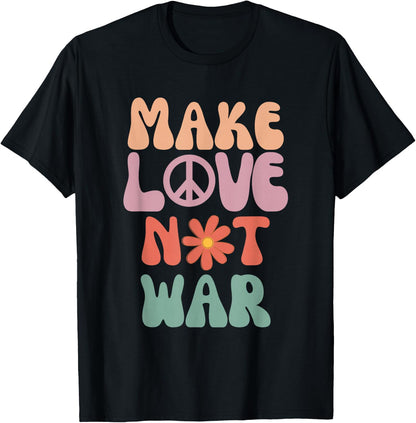 Make Love Not War Hippie 70s Peace Daisy Funny , black T-Shirt