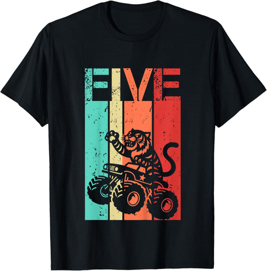 5th Birthday Boy Girl 5 Year Old Tiger And Monster Truck T-Shirt