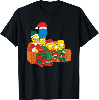 The Simpsons Holiday Family Christmas Elf Costumes Couch Gag , Black, S T-Shirt