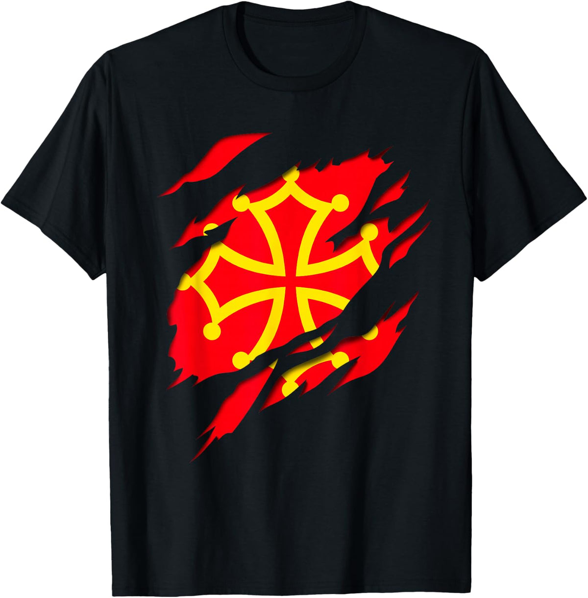 Occitanie Flag Crest Ripped 3D Effect France , Black, S T-Shirt