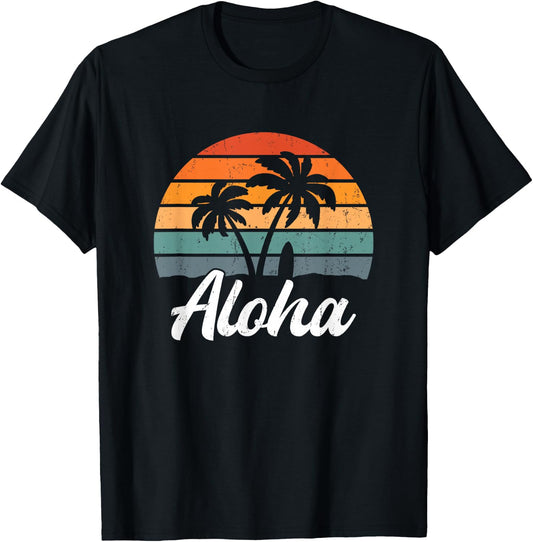 Aloha Hawaiian Shirt Surf Beach Palm Tree , black T-Shirt