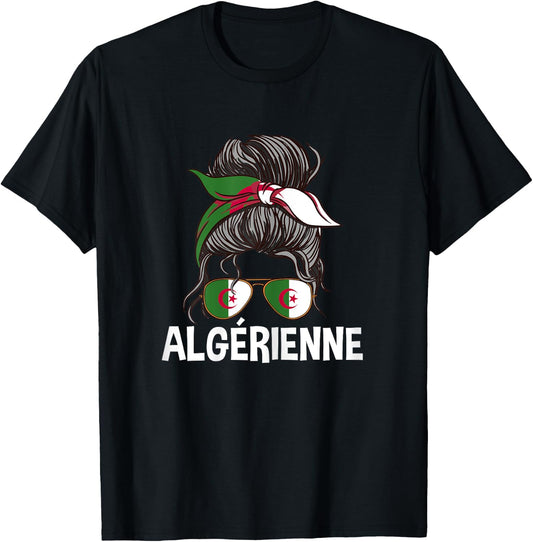 Algerienne Proud Algeria Girl Messy Hair Flag Algeria Woman , Black, Female X-Small T-Shirt