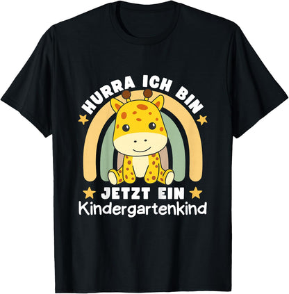 Children's with German Text Hurra Ich Bin Jetzt Ein Kindergartenkind Giraffe, black T-Shirt