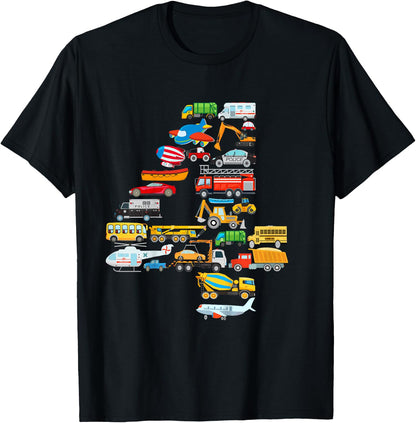 Kids 4th Birthday For Boys Cars Vehicles Fire Truck Airplane T-Shirt