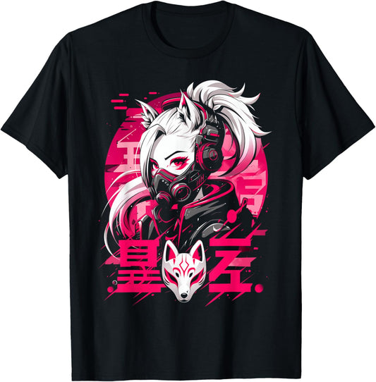 Anime Manga Cyberpunk Aesthetic Techwear Harajuku Kitsune , black T-Shirt