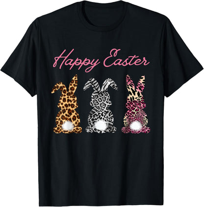 Happy Easter Rabbit Leopard Print T Shirt, black T-Shirt