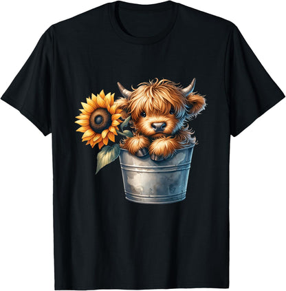 Highland Cow in Bucket, Sunflower Pattern, Floral , Black, S T-Shirt