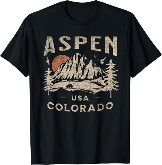 Aspen Colorado USA Outdoor Vintage - -Adults & Kids - Black - Short Sleeve - Cotton 60% Polyester 40% - Retro-Modern Design - Aspen Outdoor Hiking T-Shirt