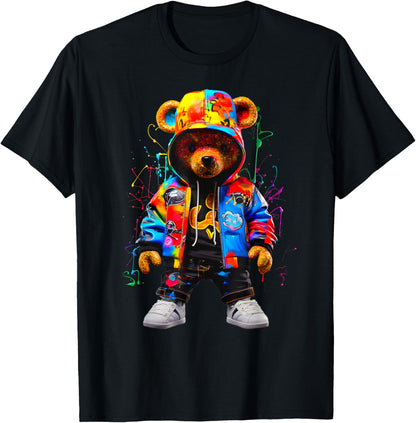 Hip-Hop Teddy Bear Hooded Colorful Hooded , black T-Shirt