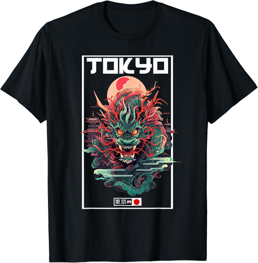 Asian inspired vintage style 80s retro Japanese Tokyo Dragon T-Shirt