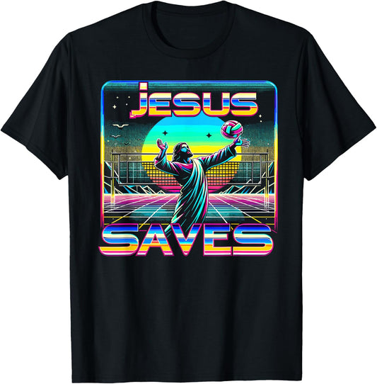 80s Vaporwave Jesus Saves Volleyball T-Shirt