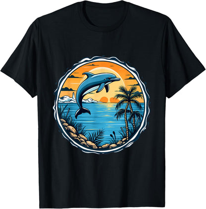 Dolphin Sunset Scene Ocean Tropical Beach Vibes , Black, S T-Shirt