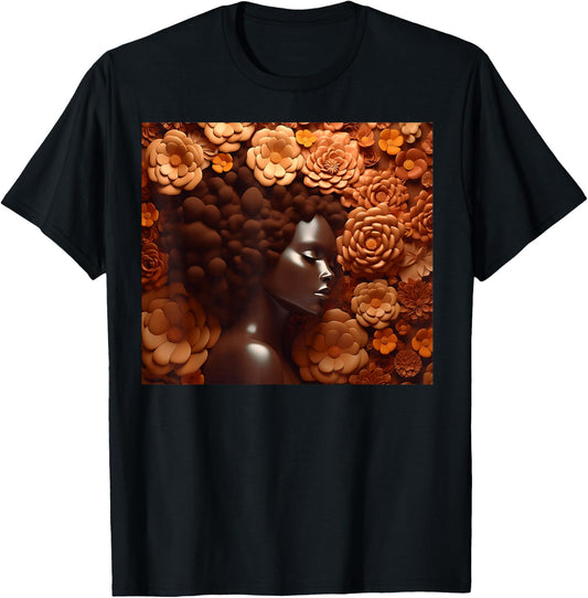 Afro Woman Floral Black Queen Puff Art Melanin Magic Orange T-Shirt