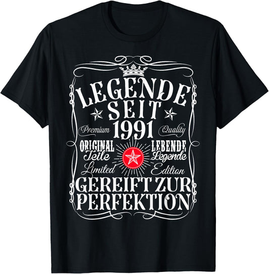 34th Birthday Man Woman 34 Years 1991 Decorative Funny Gift , black, S T-Shirt