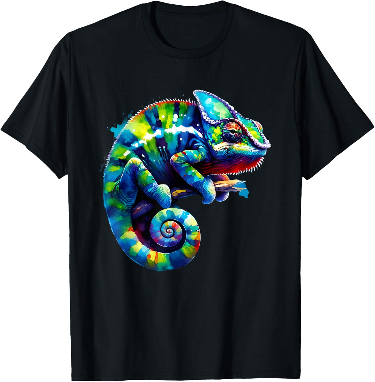 Chameleon Watercolour Iguana , black T-Shirt