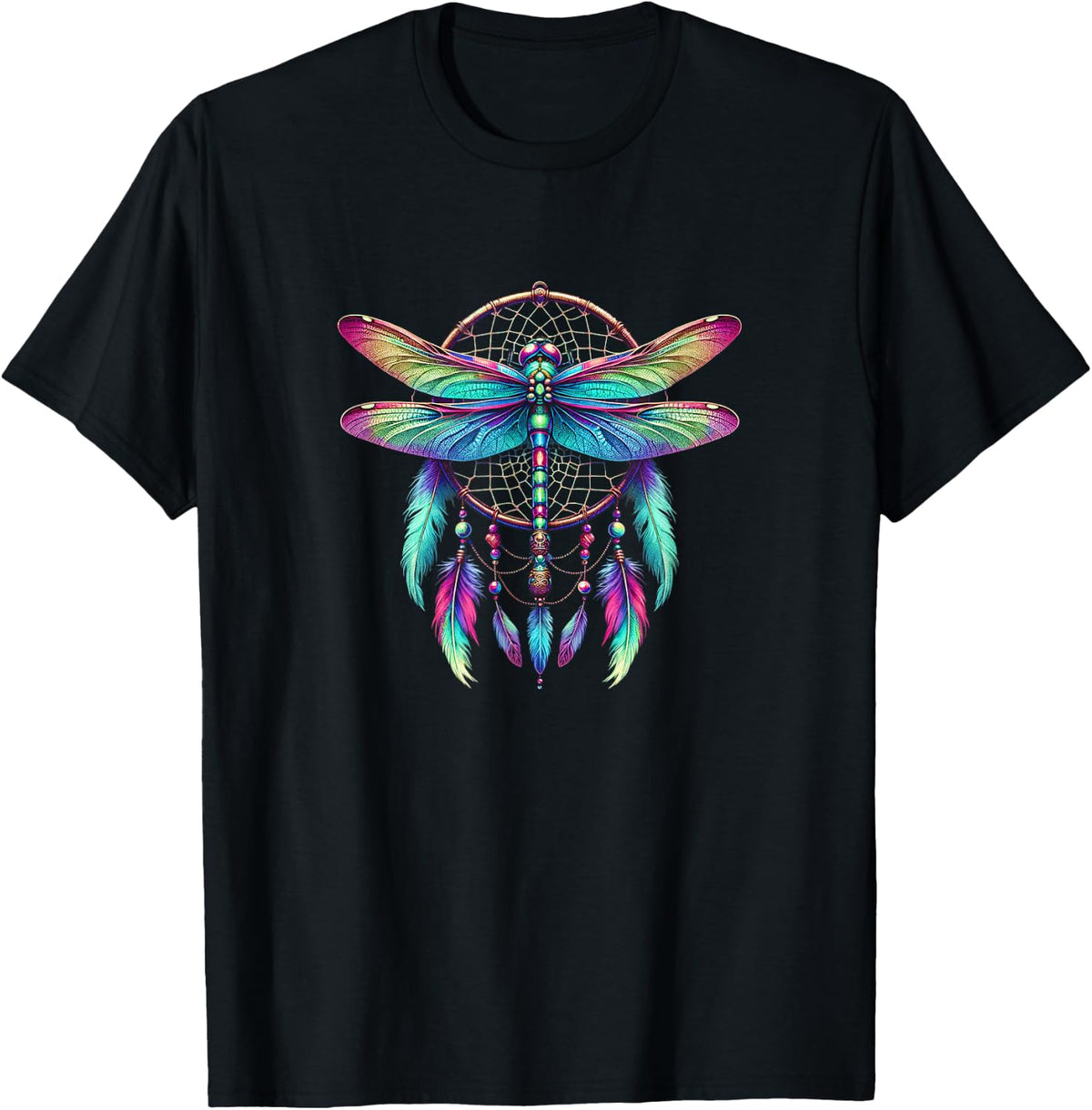 Dragonfly Dream Catcher - Native American Dreamcatcher - , Small, Black T-Shirt